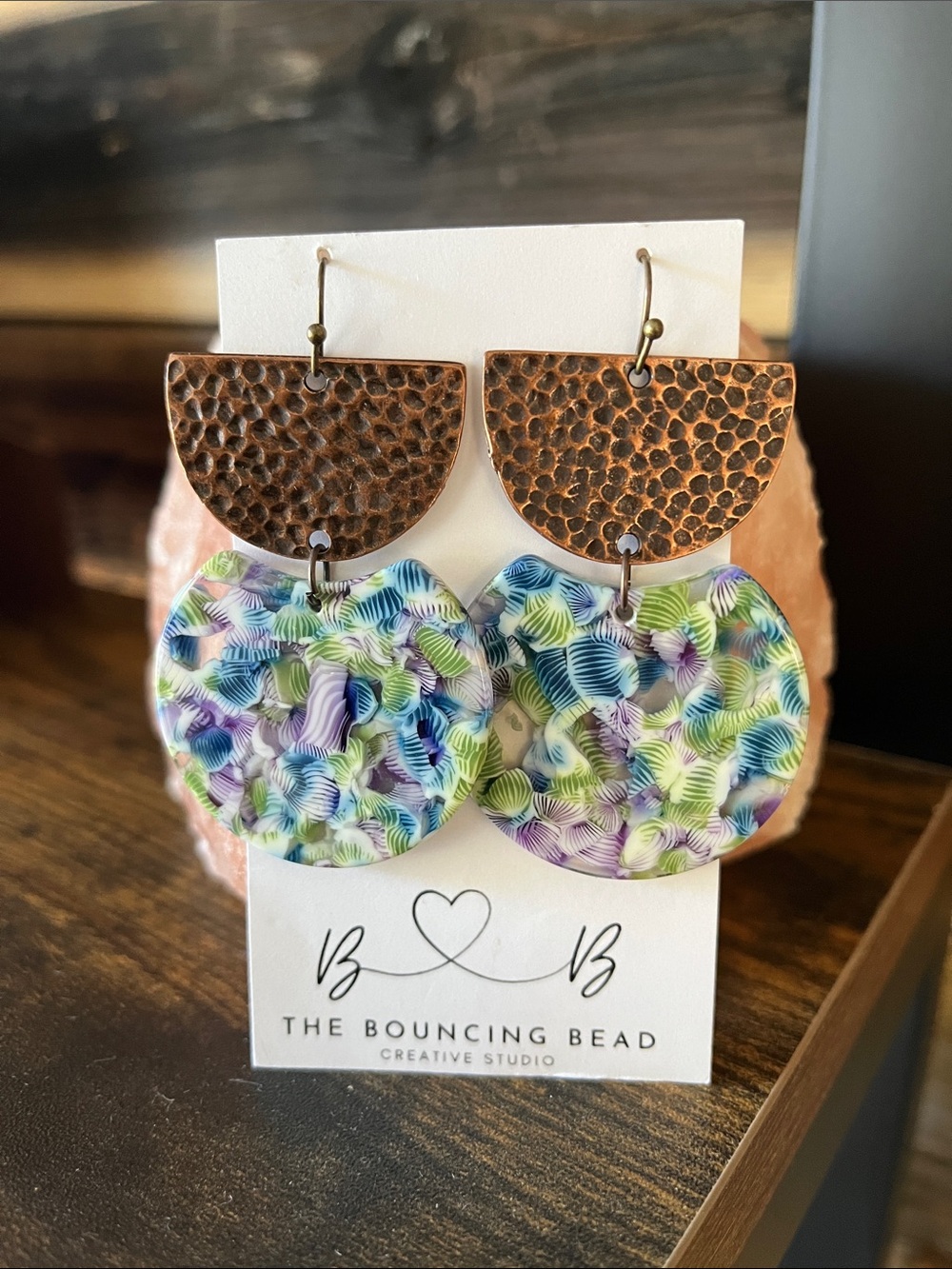 Multicolor Floral Disc Drop Earrings with Hammered Copper